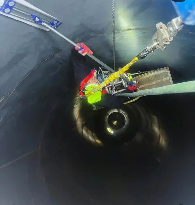 Interior silo cleaning — looking down from the top during blasting