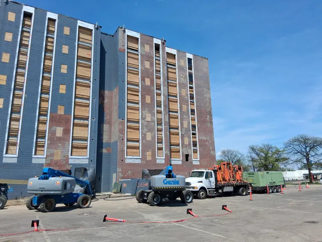 Concord Tower Apartments — mobile blast equipment and building exterior